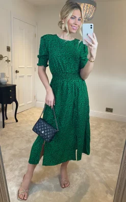 Discount ❤️ Yumi Animal Print Puff Sleeve Midi ???? Dress In Green ???? -Zack Sales Store 2022 11 04 Sasha Yumi22
