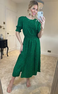 Discount ❤️ Yumi Animal Print Puff Sleeve Midi ???? Dress In Green ????