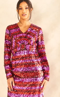 Budget ❤️ Dresco London Sequin Long Sleeve Ring Waist Midi ???? Dress In Red & Purple ????