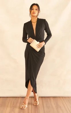 Promo ???? John Zack Deep V Neck Wrap Over ???? Dress In Black ❤️ -Zack Sales Store 2022 11 08 Jen Julia JohnZack14942