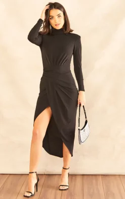 Cheap ???? John Zack High Neck Wrap ???? Skirt Long Sleeve Midi ???? Dress In Black ???? -Zack Sales Store 2022 11 08 Jen Mollie JohnZack15107