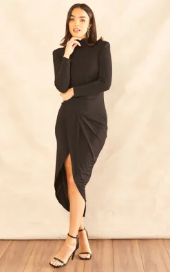 Cheap ???? John Zack High Neck Wrap ???? Skirt Long Sleeve Midi ???? Dress In Black ???? -Zack Sales Store 2022 11 08 Jen Mollie JohnZack15116