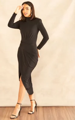 Cheap ???? John Zack High Neck Wrap ???? Skirt Long Sleeve Midi ???? Dress In Black ???? -Zack Sales Store 2022 11 08 Jen Mollie JohnZack15119