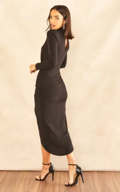 Cheap ???? John Zack High Neck Wrap ???? Skirt Long Sleeve Midi ???? Dress In Black ???? -Zack Sales Store 2022 11 08 Jen Mollie JohnZack15124