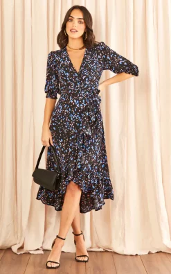 Cheapest ???? Bella And Blue Midi Wrap ???? Dress With Short Cuff Sleeve In Patterned Print Black ⌛ -Zack Sales Store 2022 11 09 Tom Mollie Bella Blue18129