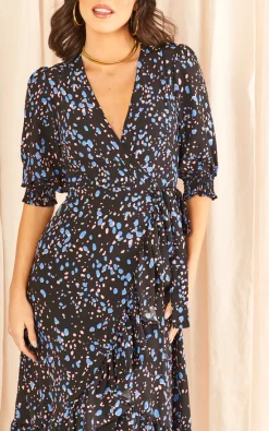 Cheapest ???? Bella And Blue Midi Wrap ???? Dress With Short Cuff Sleeve In Patterned Print Black ⌛ -Zack Sales Store 2022 11 09 Tom Mollie Bella Blue18148