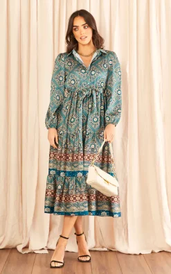 Deals ???? Blue Vanilla Print Belted Satin ???? Shirt ???? Dress Teal ❤️