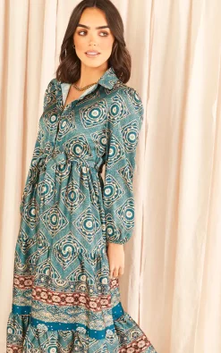 Deals ???? Blue Vanilla Print Belted Satin ???? Shirt ???? Dress Teal ❤️ -Zack Sales Store 2022 11 09 Tom Mollie BlueVanilla17612