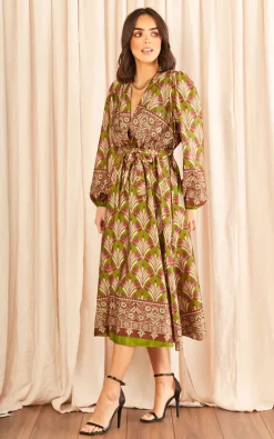 Promo ???? Blue Vanilla V Neck Paisley Leaf Print Satin ???? Dress With Tie Waist Khaki ⭐ -Zack Sales Store 2022 11 09 Tom Mollie BlueVanilla17680