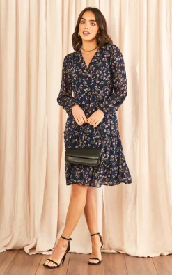 Coupon ???? TENKI LONDON Long Sleeve Floral Layer Tier Wrap Midi Occasion ???? Dress In Blue ????