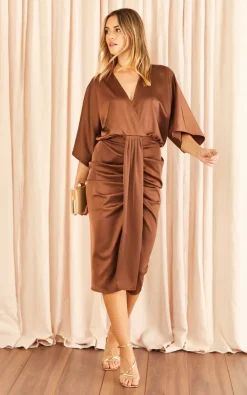 Best Pirce ???? Aftershock Gold Satin Wrap ???? Dress In Brown ????