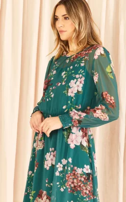 Outlet ???? URBAN TOUCH Floral Print Long Sleeve ???? Dress Green ????