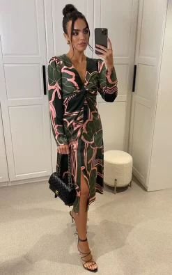 Buy ???? Liquorish Geometric Floral Knot Front Midi ???? Dress In Dark Green ???? -Zack Sales Store 2022 11 14 Mollie Liquorish10
