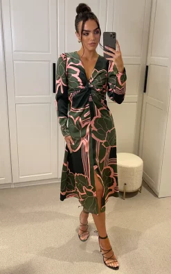Buy ???? Liquorish Geometric Floral Knot Front Midi ???? Dress In Dark Green ????