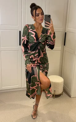 Buy ???? Liquorish Geometric Floral Knot Front Midi ???? Dress In Dark Green ???? -Zack Sales Store 2022 11 14 Mollie Liquorish5