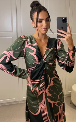 Buy ???? Liquorish Geometric Floral Knot Front Midi ???? Dress In Dark Green ???? -Zack Sales Store 2022 11 14 Mollie Liquorish7