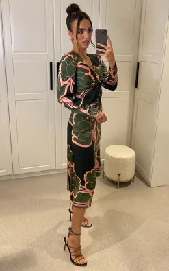 Buy ???? Liquorish Geometric Floral Knot Front Midi ???? Dress In Dark Green ???? -Zack Sales Store 2022 11 14 Mollie Liquorish8