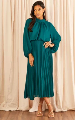 Buy ???? Blue Vanilla Pleated High Neck Blouson ???? Dress Bottle Green ????