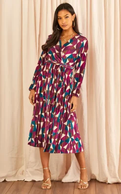 Wholesale ✨ Blue Vanilla Geo Print Velvet Wrap Pleated ???? Dress ????