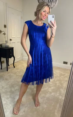 Best Sale ❤️ Izabel London Cobalt Blue Floral Striped Fit & Flare Midi ???? Dress ????