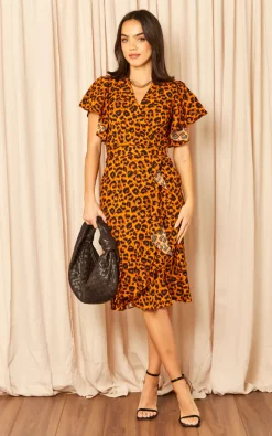 Best deal ???? Blue Vanilla Leopard Print Wrap Ruffle Midi ???? Dress Rust ✔️