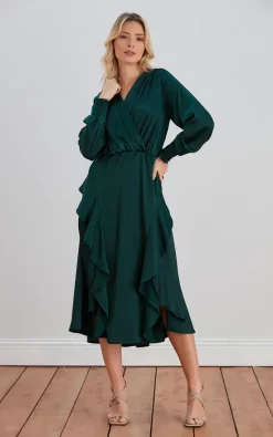 Brand new ???? Jenerique Double Slit Frill Midi ???? Dress In Green ✔️ -Zack Sales Store 52350 Khaki 10