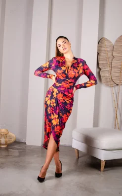 Brand new ???? Jenerique Midi Wrap Style Long Sleeves ???? Dress In Fuchsia Floral Print ???? -Zack Sales Store 59019 Fall Flower Print 3