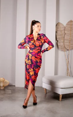 Brand new ???? Jenerique Midi Wrap Style Long Sleeves ???? Dress In Fuchsia Floral Print ???? -Zack Sales Store 59019 Fall Flower Print 4