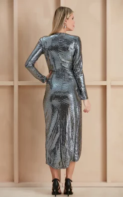 Promo ???? Jenerique Long Sleeve Midi Wrap Midi Silver Sequin ✨ -Zack Sales Store 59947 Silver 18