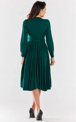 New ???? AWAMA Green Long Sleeved ???? Dress With Tie Waist And V Neckline ????