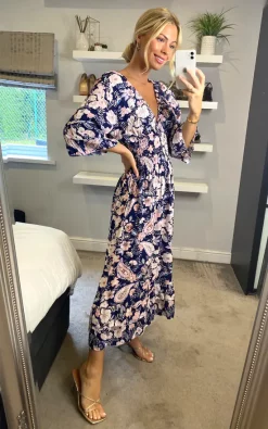 Best Sale ???? Belle Love Italy Floral V Neck Midi ???? Dress With Elasticated Waist Navy, Pink And White ????