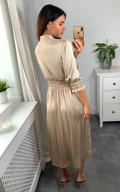 Flash Sale ???? Cameo Rose Satin Midi ???? Shirt ???? Dress With Shirring Waist And Sleeve Detail In Champagne ????