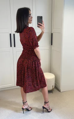 Promo ⌛ D.Anna Round Neck Midi ???? Dress With Smock Details In Burgundy Leopard Print ????