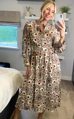 Coupon ???? D.Anna Multicolour Floral Long Sleeves Midi ???? Dress With Fill Detail And Covered Buttons ????