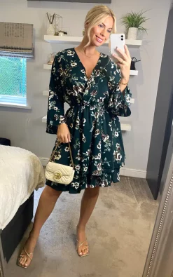 Best Sale ???? D.Anna Floral Print Long Sleeves Midi ???? Dress With Layers In Green ⭐