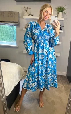 Buy ???? D.Anna Long Sleeves V Neck Midi ???? Dress With Smock Detail In Blue ????