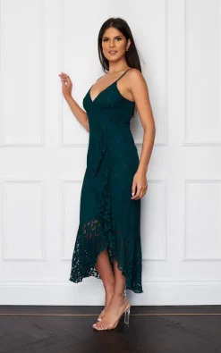 Wholesale ???? Girl In Mind Cecilia Asymmetric Ruffle Hem Midaxi ???? Dress Emerald Green Lace ✔️