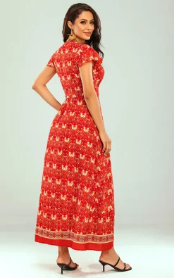 Best Sale ???? FS Collection Bohemian Style Wrap Maxi ???? Dress In Red & Gold Floral Print ????