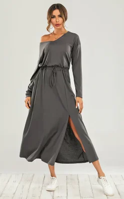Flash Sale ???? FS Collection V Neck Split Leg Midi ???? Dress In Charcoal Grey ????