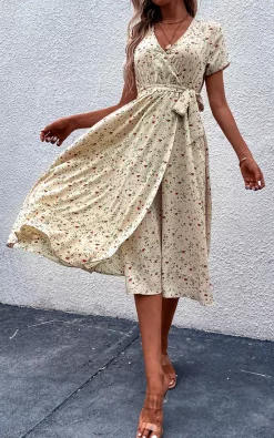 Wholesale ⭐ FS Collection Floral Print High Waist Wrap Midi ???? Dress In Beige ????