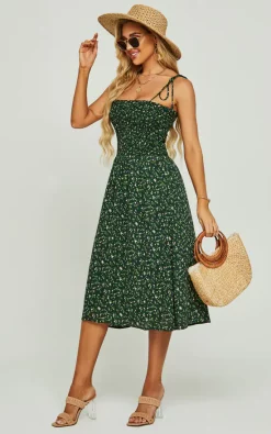 Cheap ???? FS Collection Little Floral Strappy Midi ???? Dress In Dark Green ????