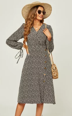 Best Pirce ???? FS Collection Side Zip Button Detail Floral Midi Wrap ???? Dress In Black ????