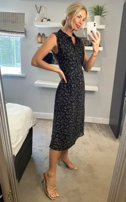 Budget ???? Izabel London Multi Black Ditsy Floral Sleeveless Midi ???? Dress ✔️