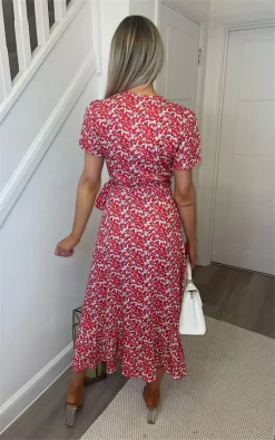 Hot Sale ???? Miss Floral Red Short Sleeve Floral Midi Wrap ???? Dress ????