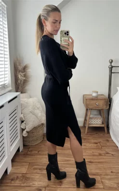 Wholesale ???? Miss Floral Black Lantern Sleeve Knitted Midi Jumper ???? Dress ????