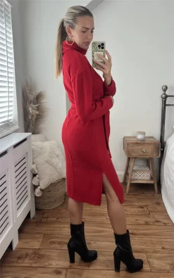 Best deal ???? Miss Floral Red Long Sleeve Turtle Neck Knitted Midi ???? Dress ????