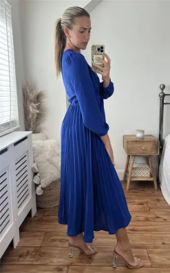 Cheap ???? Miss Floral Blue Long Sleeve Pleated Midi ???? Dress ❤️