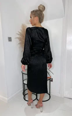New ???? Miss Floral Long Sleeve Leopard Satin Midi Wrap ???? Dress In Black ????
