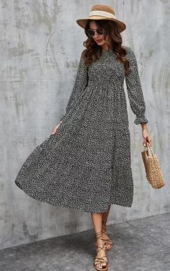 Coupon ???? FS Collection Elasticated Midi ???? Dress In Black & White Little Dot ????