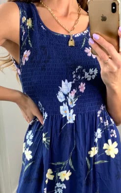 Best deal ???? Queeen Oversized Floral Print Smocking Sleeveless ???? Dress In Navy Blue ????